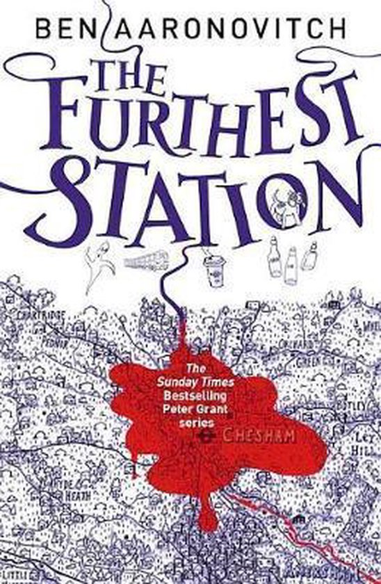 Boek "The Furthest Station" met een tekening van een kaart, een rode bloedvlek en tekst.