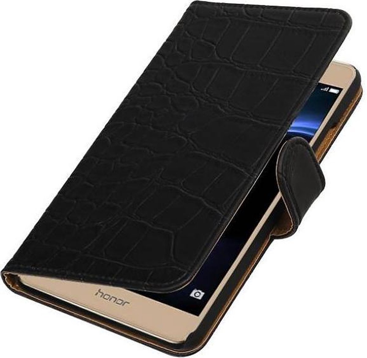 Croco Bookstyle Wallet Case Hoesjes Geschikt voor Huawei Honor V8 Zwart