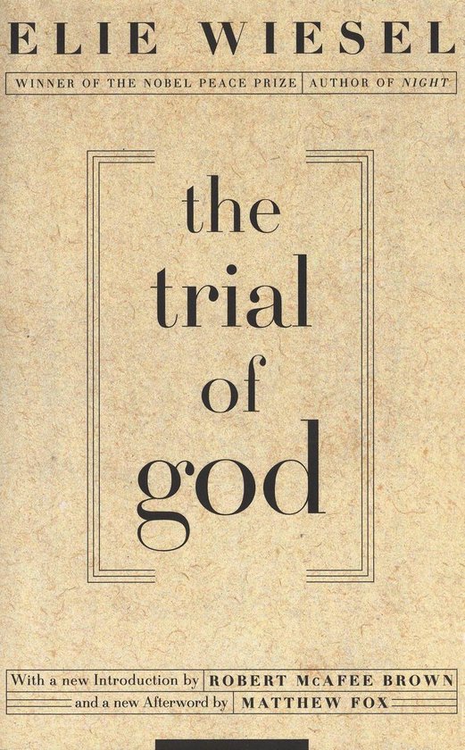 Boekomslag van "The Trial of God" door Elie Wiesel, met de titel in grote letters op een crèmekleurige achtergrond.