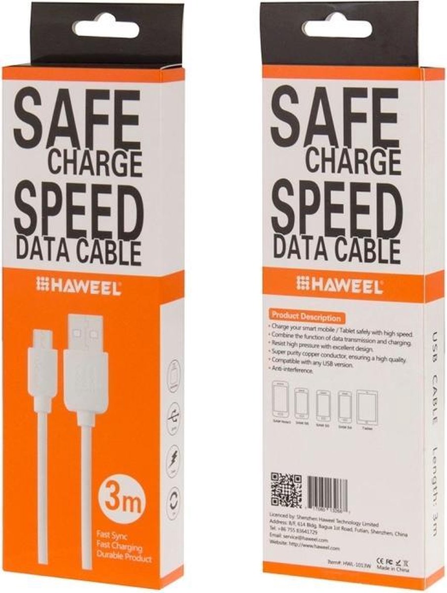 3 Meter High Speed HAWEEL Micro USB data laad lader kabel Samsung, HTC, Nokia, Universeel