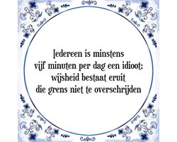 Tegeltje met Spreuk (Tegeltjeswijsheid): Iedereen is minstens vijf minuten per dag een idioot; wijsheid bestaat eruit die grens niet te overschrijden + Kado verpakking & Plakhanger