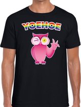 Yoehoe gay pride knipogende roze uil t-shirt -  zwart shirt met yoehoe uil en regenboog tekst voor heren -  Gay pride kleding XXL
