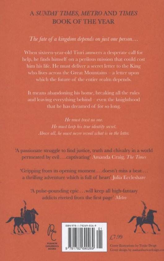 Achterkant van het boek 'The Letter for the King' met tekst, QR-code en illustraties van ruiters.