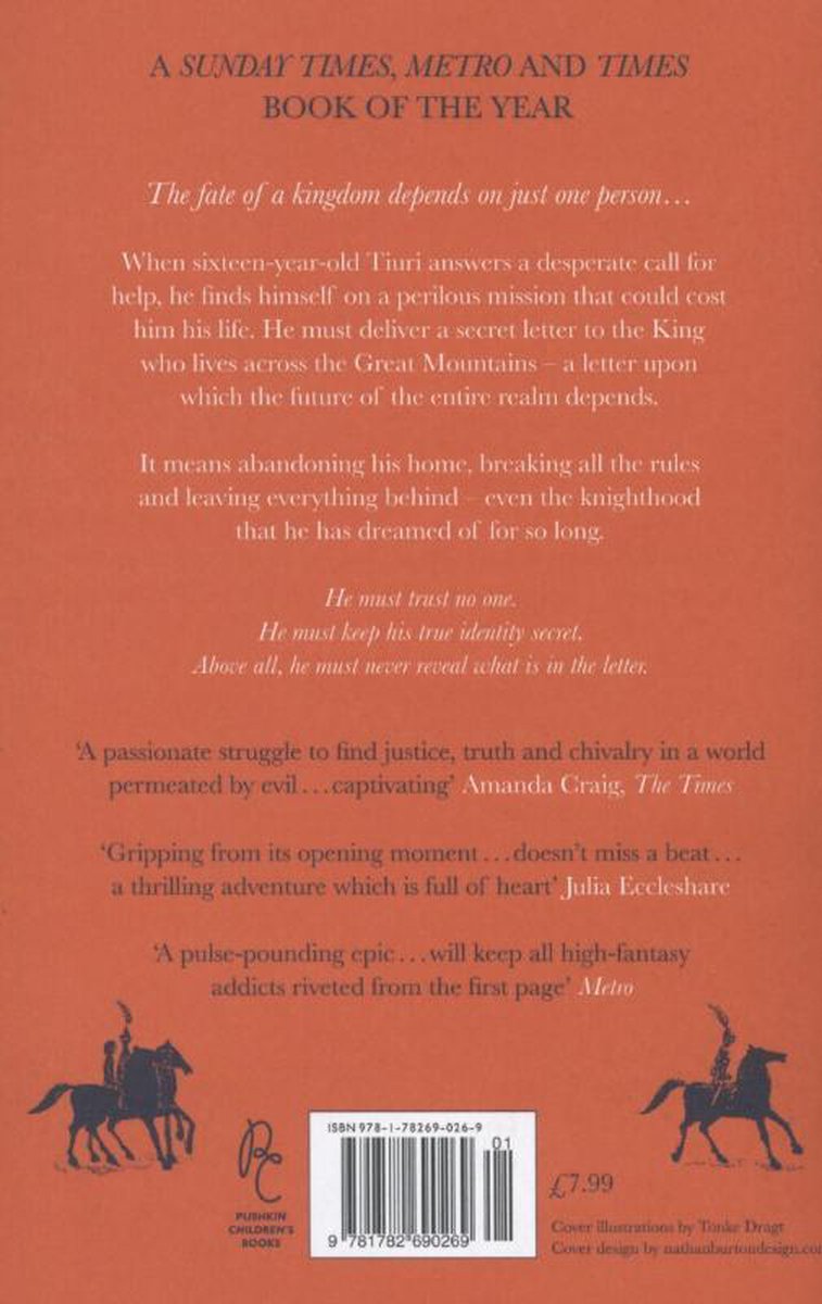 Achterkant van het boek 'The Letter for the King' met tekst, QR-code en illustraties van ruiters.