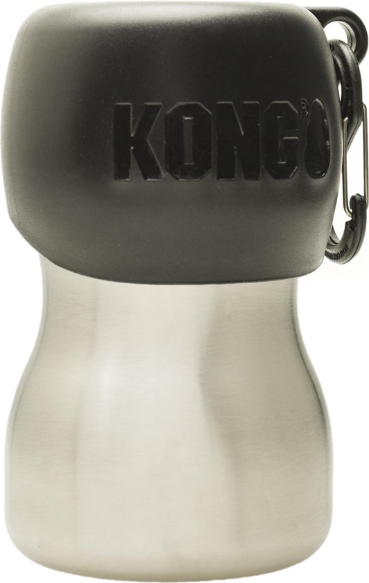 Zwarte KONG waterfles van roestvrij staal met deksel en karabijnhaak.