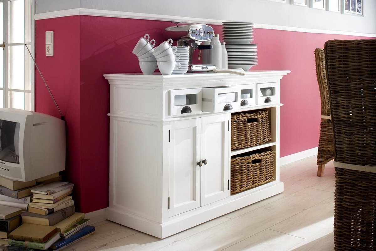 Dressoir wit - Landelijk dressoir wit - 125x50x85h - 4 laden met glasvenster - 2 manden - 2 deurtjes met legplank - B131