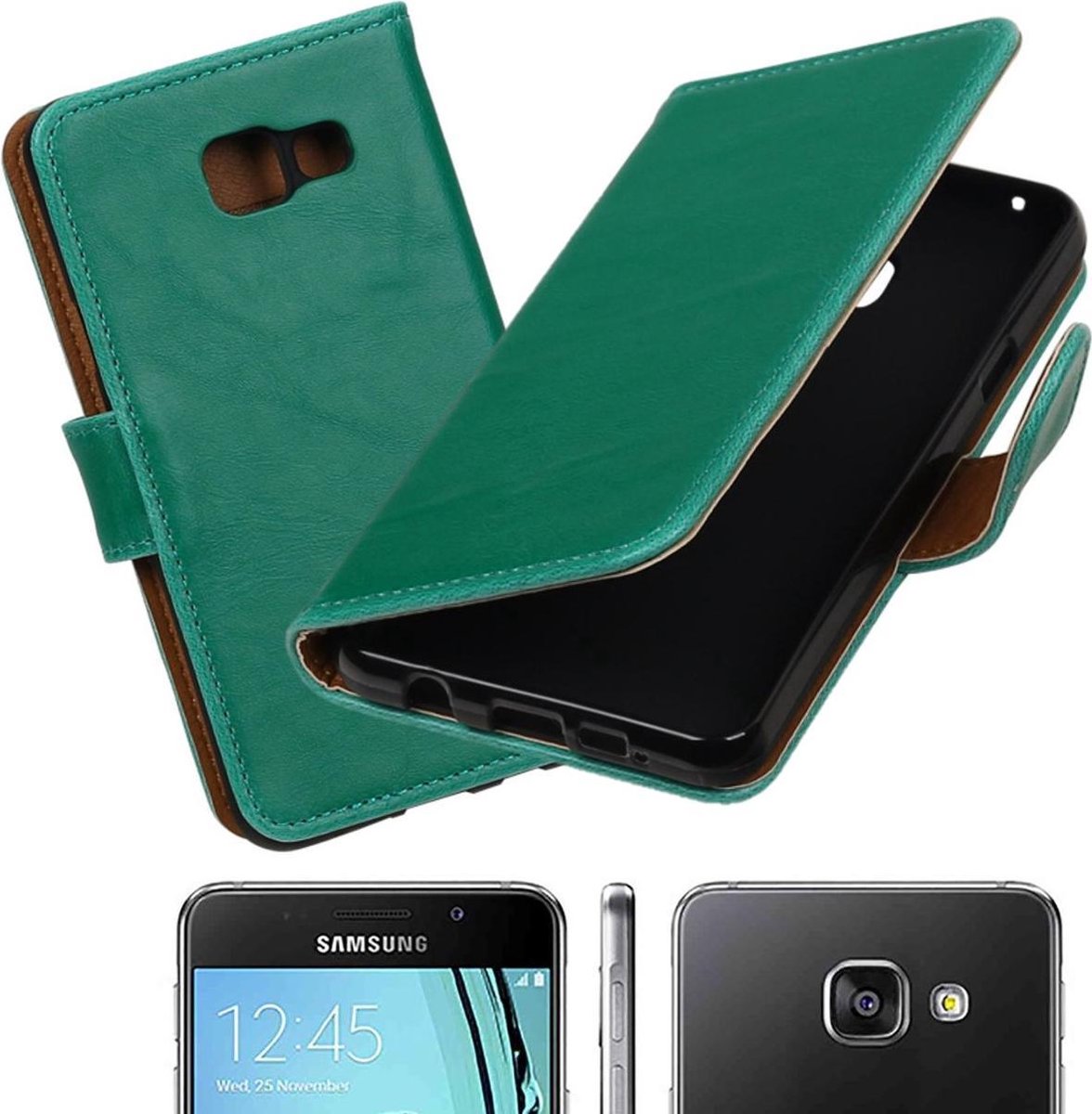 MP Case groen leder look hoesje voor Samsung Galaxy A3 2016 Booktype - Telefoonhoesje - smartphonehoesje - beschermhoes.
