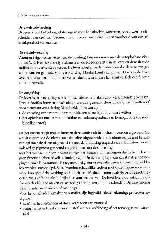 Pagina uit "Het Energie Herstelplan" over de functie van de lever met betrekking tot vet- en koolhydraatstofwisseling.