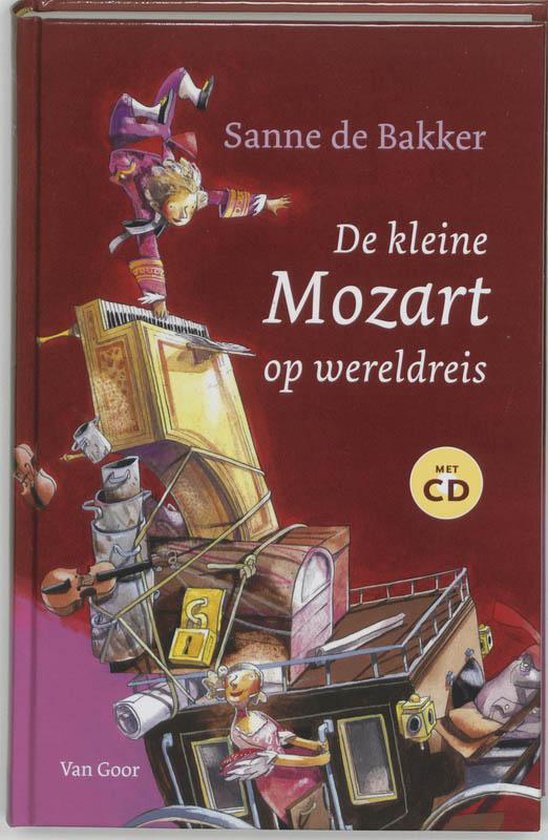 Illustratie van De kleine Mozart op wereldreis, met een jongen die op een stapel koffers danst.