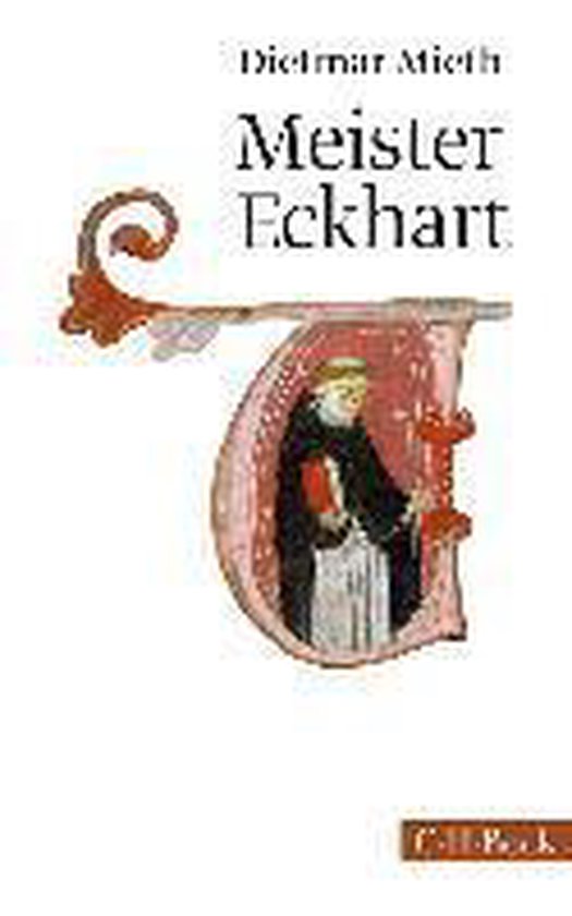 Boek 'Meister Eckhart' met een middeleeuwse illustratie van een monnik in een versierde letter D.
