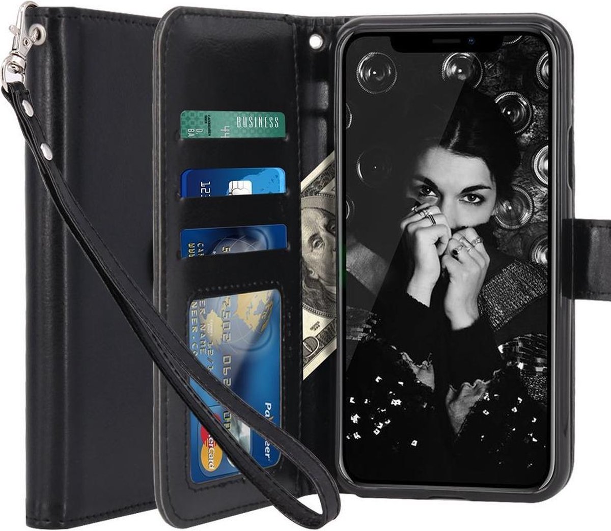 iPhone X - Lederen TPU Wallet Case Zwart - Portemonee Hoesje - Book Case - Flip Cover - Klap - 360 beschermend Telefoonhoesje