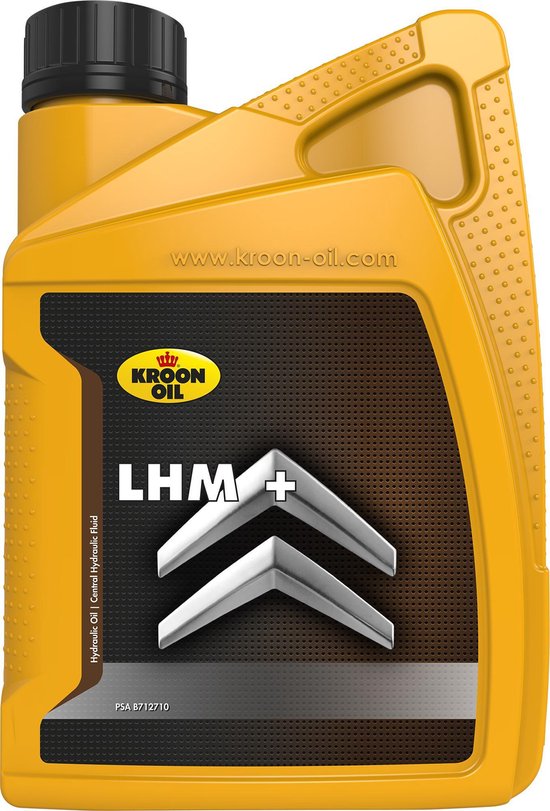 Gele jerrycan met zwarte dop, Kroon Oil LHM+ logo en zilveren chevron-afbeelding. Zijkant met stippenpatroon.