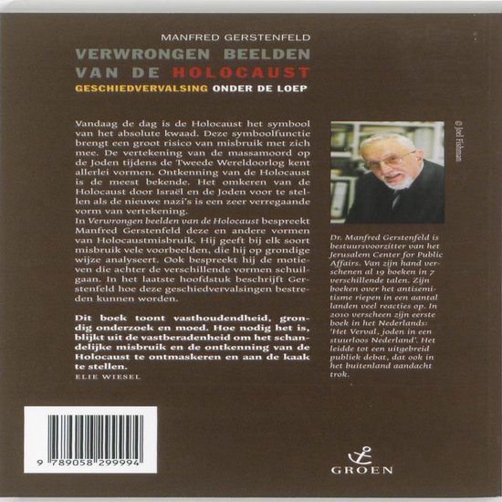 Boekomslag met portret van Dr. Manfred Gerstenfeld, auteur van "Verwrongen beelden van de Holocaust".
