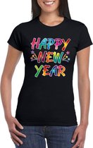 Happy new year t-shirt voor oud en nieuw voor dames - zwart - Nieuwjaarsborrel kleding S