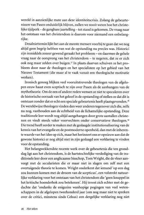 Tekst over de opstanding, met vermelding van Jezus, de vroege christendom en theologische theorieën. Pagina 28.