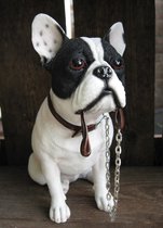 figurine chien Bouledogue Français blanc-noir avec laisse