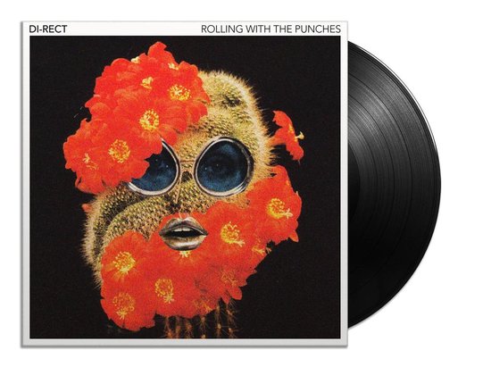 Albumhoes van 'Rolling with the Punches' door DI-RECT, met cactus, bloemen, bril en lippen, naast een zwarte vinylplaat.