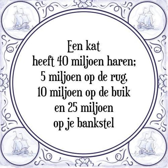 Tegeltje met Spreuk (Tegeltjeswijsheid): Een kat heeft 40 miljoen haren; 5 miljoen op de rug, 10 miljoen op de buik en 25 miljoen op je bankstel + Kado verpakking & Plakhanger