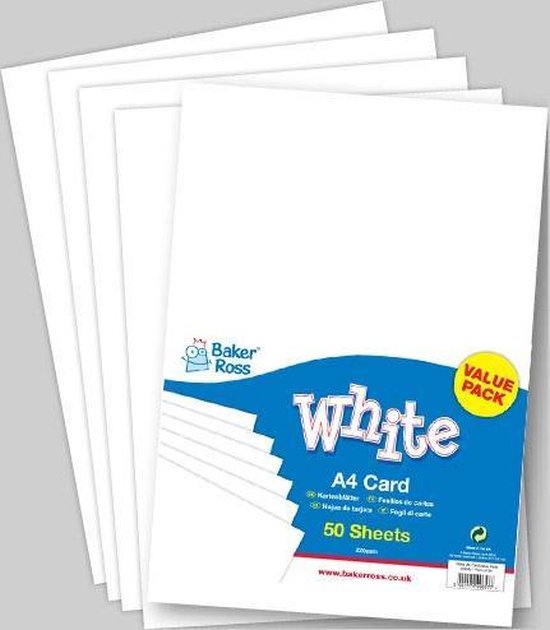 Wit Karton – Hobbykarton Wit – Knutselkarton – Baker Ross – A4 – 21,0 x 29,7 cm – 220 g/m² – 50 Vellen