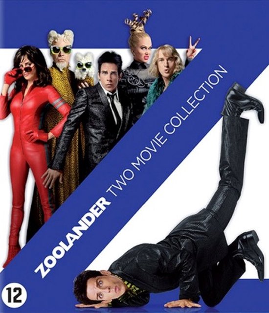 Cast van Zoolander Two Movie Collection, met Ben Stiller vooraan. Blauwe achtergrond met tekst.