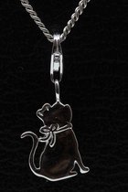 Pendentif plat et breloque chat assis en argent