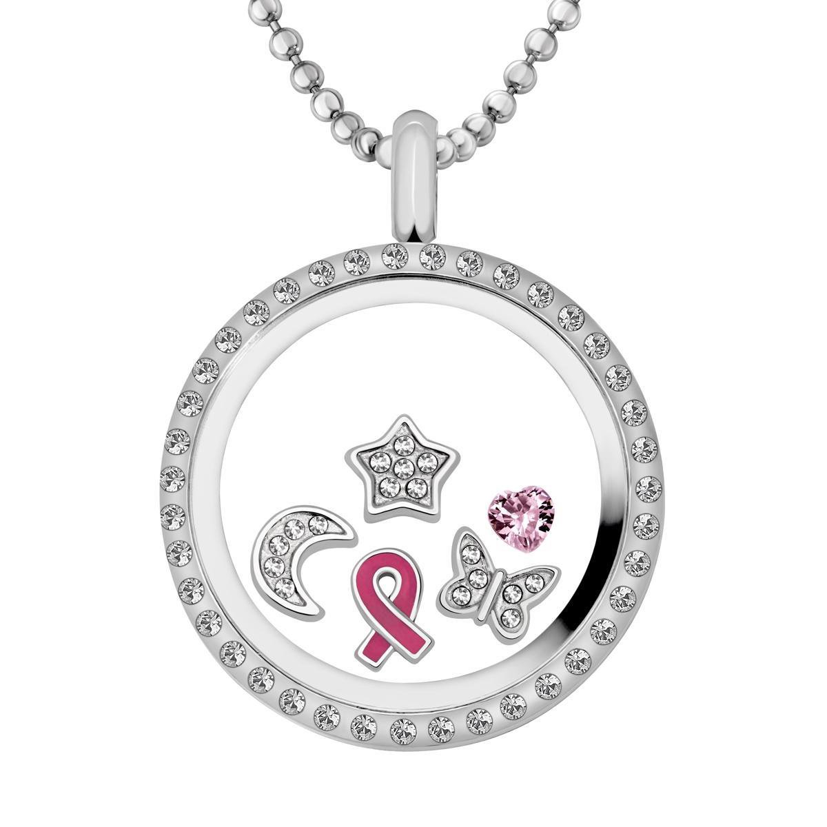 Quiges - Memory Medaillon 30mm met Ketting 90cm en 5 Floating Charms - RVS Zilverkleurig - CLS001