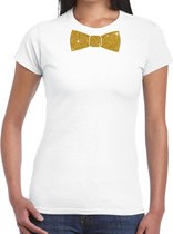 Wit fun t-shirt met vlinderdas in glitter goud dames L