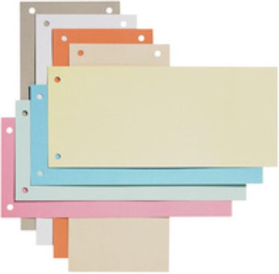 Een stapel gekleurde scheidingsstroken in pastelkleuren: wit, grijs, roze, oranje, lichtblauw, crème, en geel.