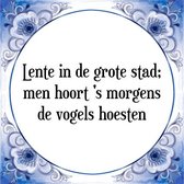 Tegeltje met Spreuk (Tegeltjeswijsheid): Lente in de grote stad; men hoort 's morgens de vogels hoesten + Kado verpakking & Plakhanger