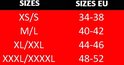 Maattabel: XS/S is 34-38, M/L is 40-42, XL/XXL is 44-46, XXXL/XXXXL is 48-52.