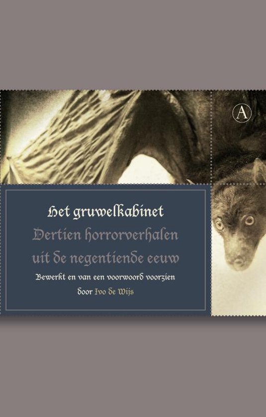 Boekomslag 'Het gruwelkabinet' met details van een dier en een gestileerd hoofd.