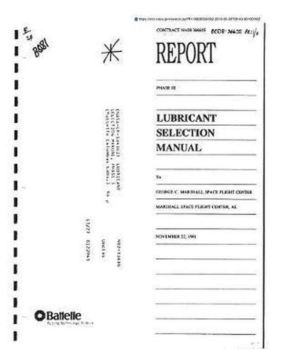 Lubricant Selection Manual, Phase 3, National Aeronautics And Space Adm