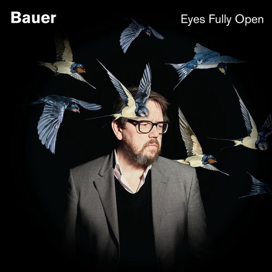 Bauer, Eyes Fully Open, met een man in grijs pak en vogels om hem heen.