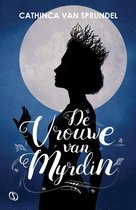 Boekomslag met silhouette van een vrouw voor een grote maan. Titel: De Vrouwe van Myrdin.