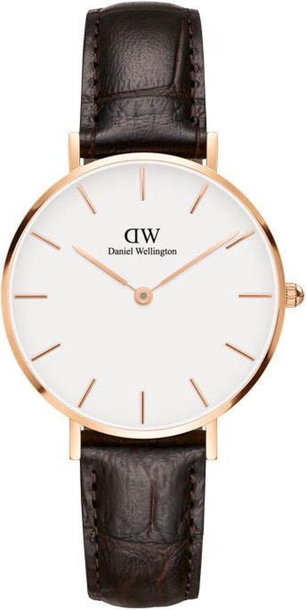Daniel Wellington Petite Rosé York White DW00100176 - Horloge - 32mm - Leer - Bruin