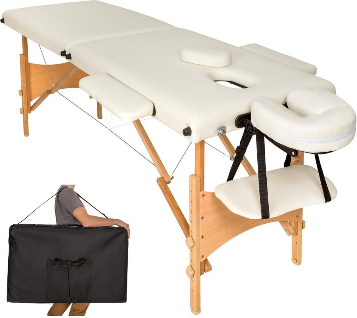 Goedkoopste Dreamble® | Massagetafel | Beige/Creme | Hout | Extra dikke bekleding 6 cm | Extra stevig | Inklapbaar | Mobiel | 2 zones | In hoogte verstelbaar | Gezichtsuitsparing | Armsteunen in breedte instelbaar | Afwasbaar | Belastbaar tot 250 kg | Draagtas