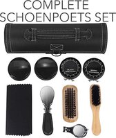 Schoenpoets set met 8 stuks. Schoenpoetsset in een cilindervormige tas voor thuis en op reis. Zwarte en neutrale kleuren schoensmeer.