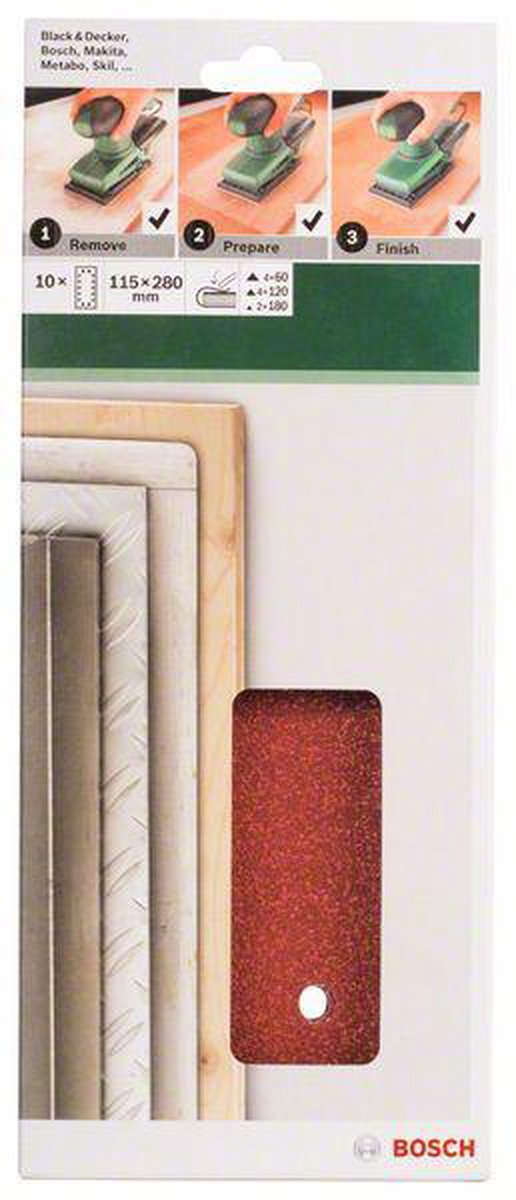 Bosch 10-delige schuurbladset voor vlakschuurmachines 115 x 280 mm - korrel 60; 120; 180