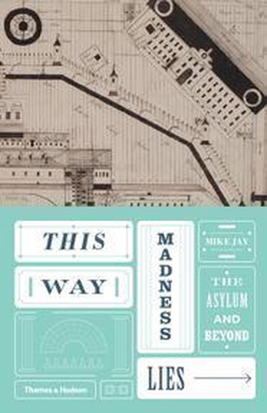 Boek 'This Way Madness Lies' door Mike Jay. Kaartontwerp met tekst in de kleuren wit, blauw en turquoise.