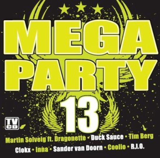 Mega Party 13 album cover met gele tekst op zwarte achtergrond en sterren.