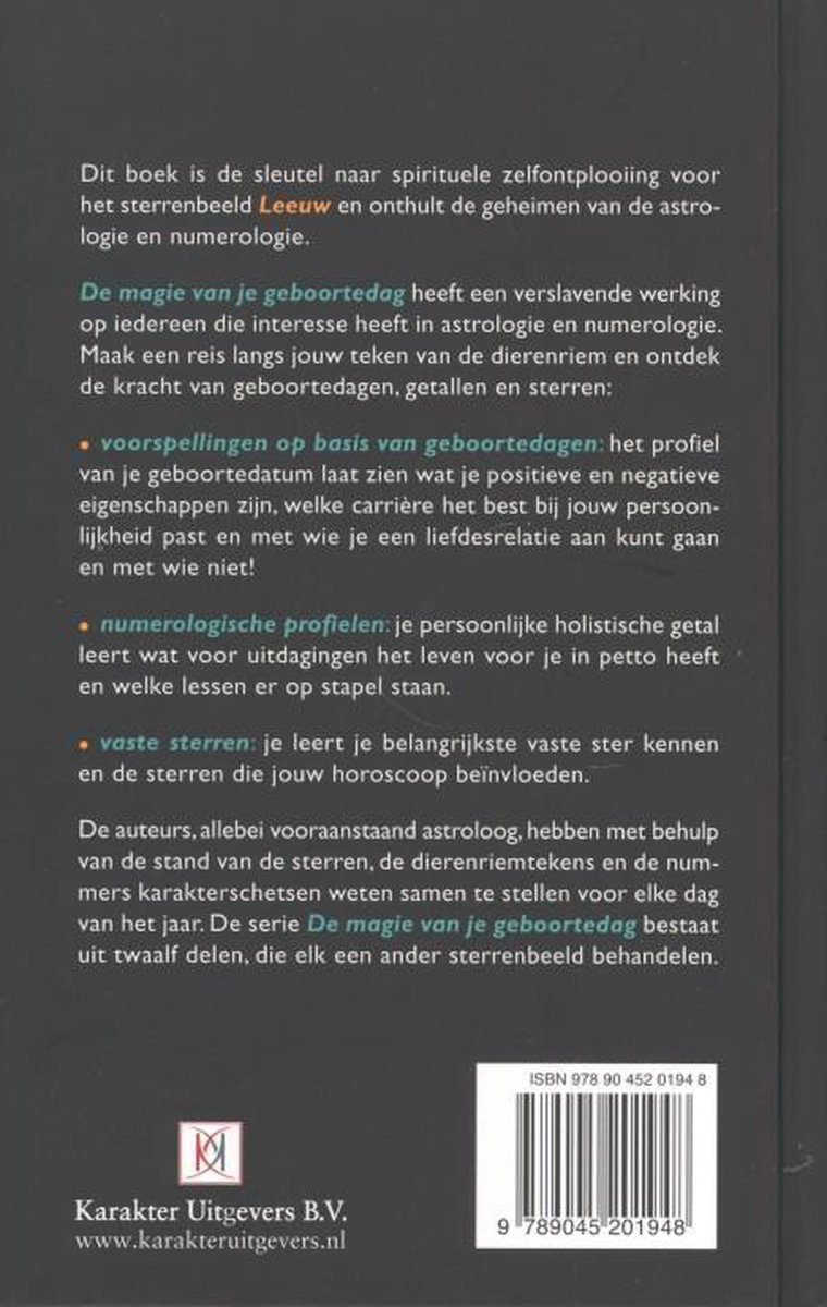 Achterkant van het boek 'De magie van je geboortedag' met de ondertitel 'Leeuw'.