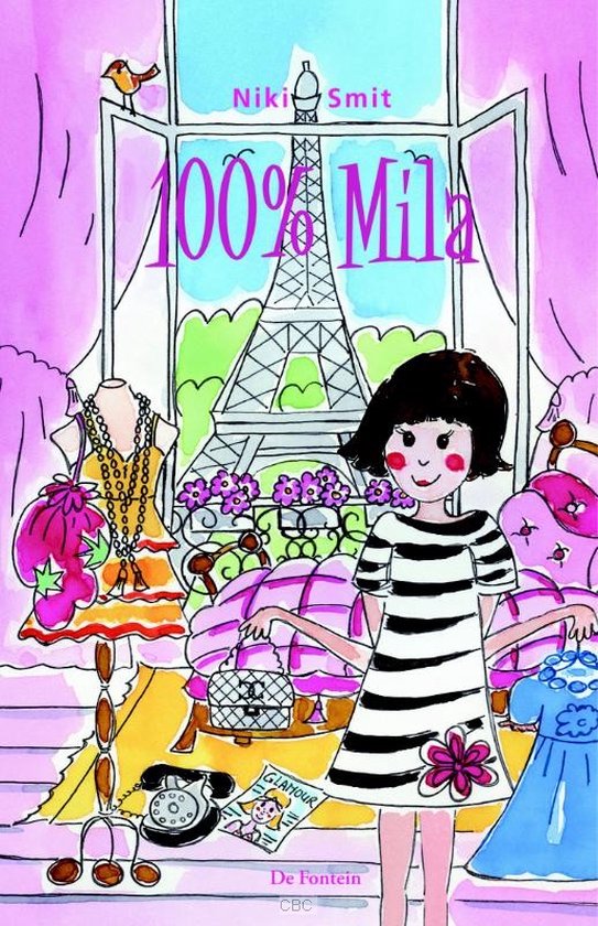 Boekcover "100% Mila" door Niki Smit. Een meisje met gestreepte jurk staat voor de Eiffeltoren, met etalagepoppen en kleding.