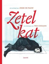 Boekcover met titel 'Zetelkat'. Zwarte kat met menselijk gezicht ligt op een mat.