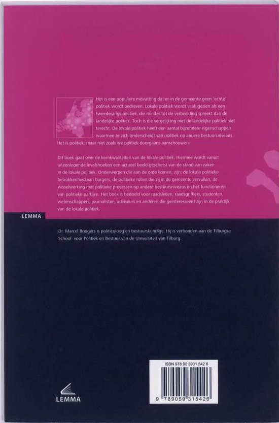 Achterkant van het boek 'Lokale politiek in Nederland'. Inclusief ISBN en uitgever LEMMA.