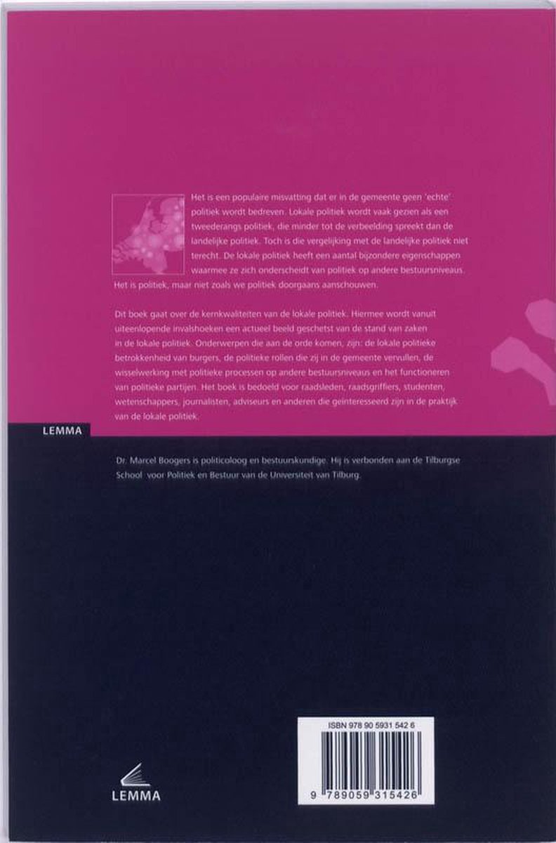 Achterkant van het boek 'Lokale politiek in Nederland'. Inclusief ISBN en uitgever LEMMA.