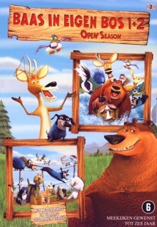 DVD-hoes met de titel Baas In Eigen Bos 1 & 2, met cartoonkarakters van de film Open Season.
