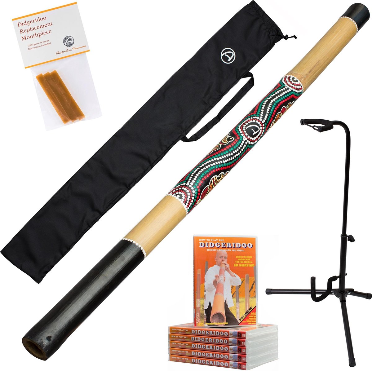 5-delige didgeridoo starterspakket bestaande uit bamboe didgeridoo 120cm inclusief nylon didgeridootas | lesvideo 85min | 3 reepjes pure imker bijenwas | stabiele didgeridoostandaard | bekijk de video!