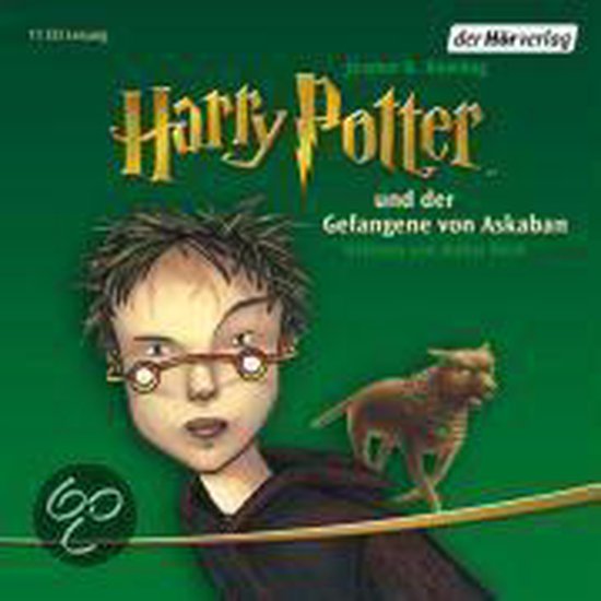 Boek "Harry Potter en de Gevangene van Azkaban" met illustratie van Harry en een hond op een groene achtergrond.