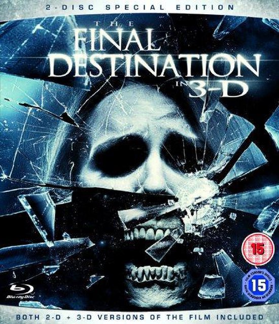 The Final Destination in 3-D Blu-ray hoes, een geschokte vrouw achter gebroken glas.