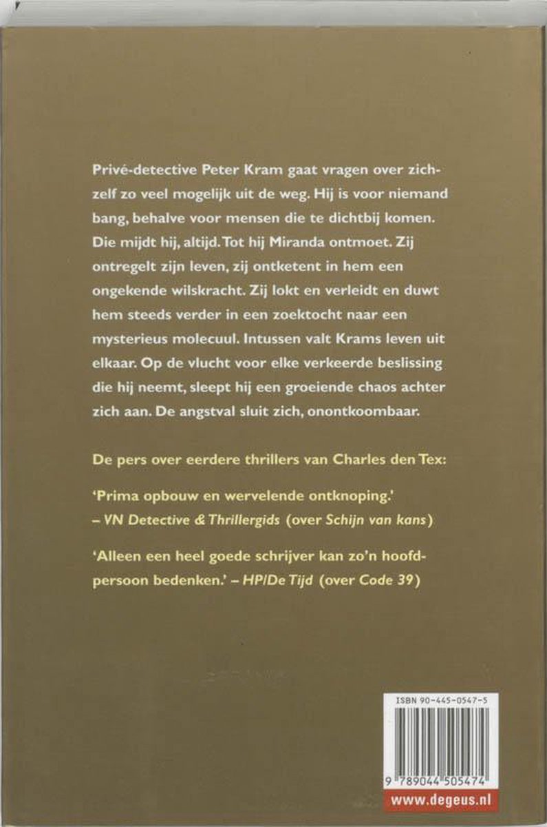 Achterkant boek 'Angstval' met tekst over de plot en recensies.